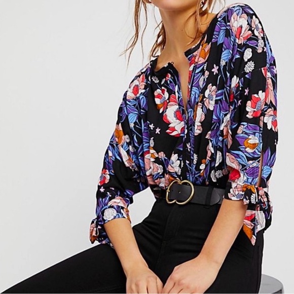 Free People Black and Purple Floral Blouse - Picture 2 of 9